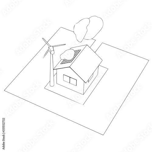 sketch of house with solar panels and a wind generator vector