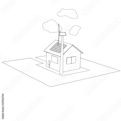 sketch of house with solar panels and a wind generator vector