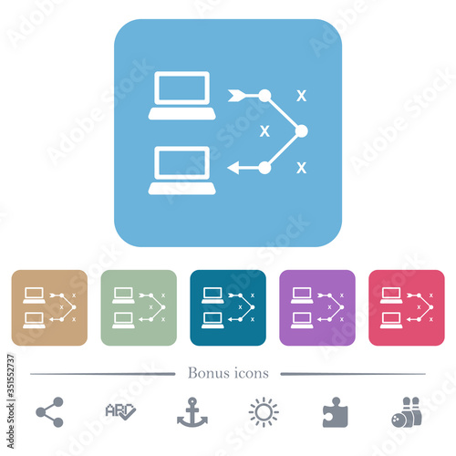 Traceroute remote computer flat icons on color rounded square backgrounds