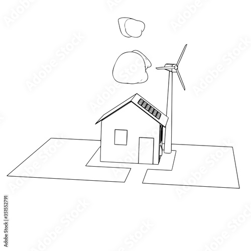 sketch of house with solar panels and a wind generator vector