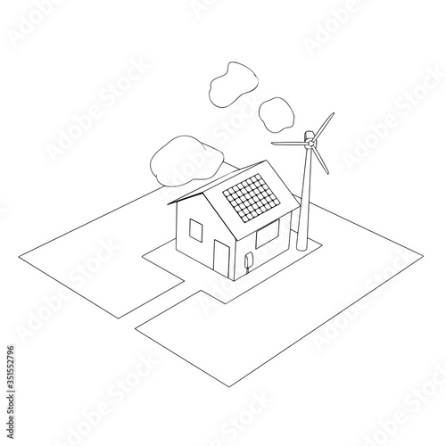 sketch of house with solar panels and a wind generator vector