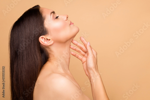 Obraz na plátně Closeup profile photo of nude latin lady natural beauty no makeup touch pure sof