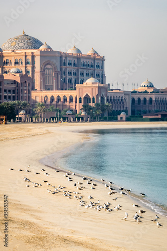 a beautiful sunrise view of Emirates palace, Abu Dhabi from Marina Breakwater Abu Dhabi, UAE, morning, Abu Dhabi sunrise, golden hour