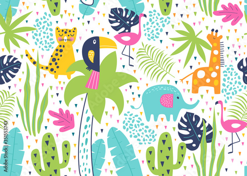 Tropical seamless pattern with toucan, flamingos, tiger, elephant, giraffe, cactuses and exotic leaves. Vector