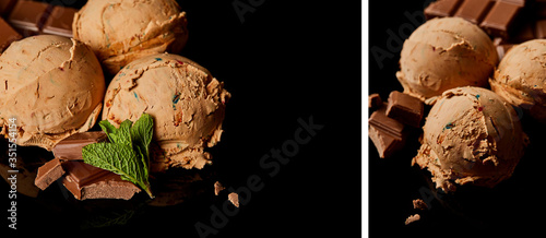 collage of fresh delicious chocolate ice cream with mint leaves isolated on black