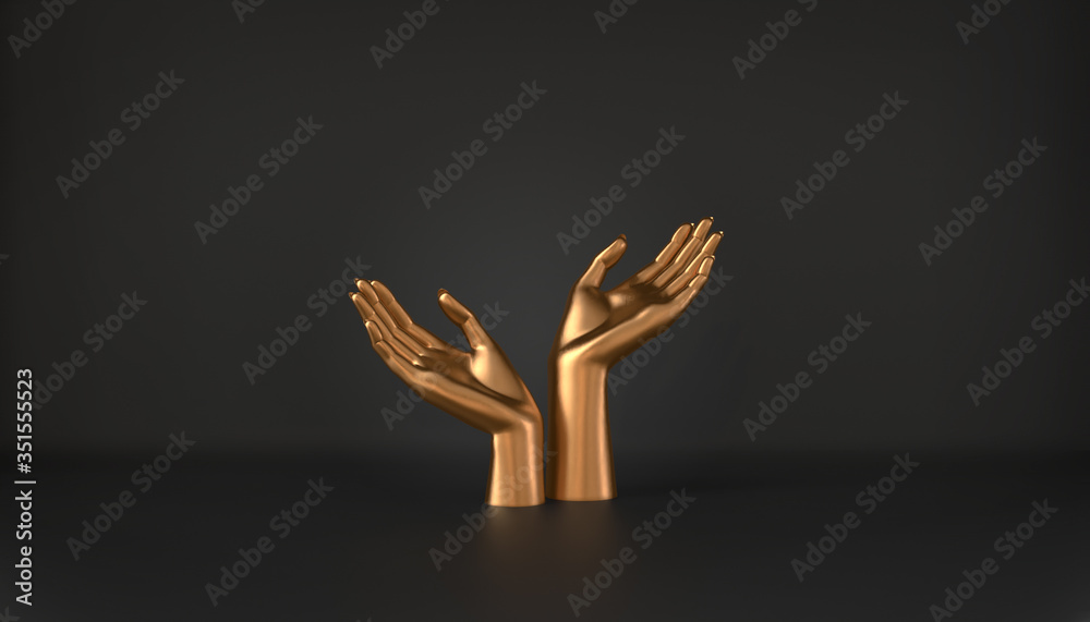 3d illustration of golden female hand isolated on luxury black background, elegant mannequin hands holding gesture for fashion concept and jewelry display, clean minimal design on blank showcase space