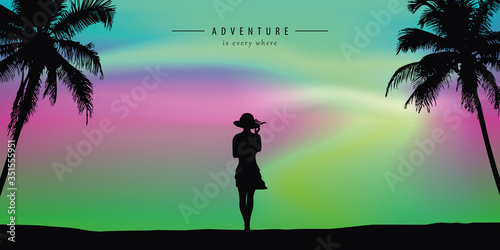 summer girl with southern lights background and palm tree tropical landscape vector illustration EPS10 photo