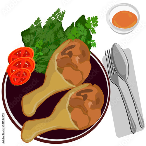 Fried chicken legs, coriander, tomatoes and dipping sauce, and put on a plate with a spoon