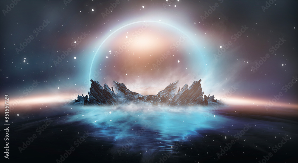 Plakat Futuristic night landscape with abstract landscape and island, moonlight, shine. Dark natural scene with reflection of light in the water, neon blue light. Dark neon circle background.