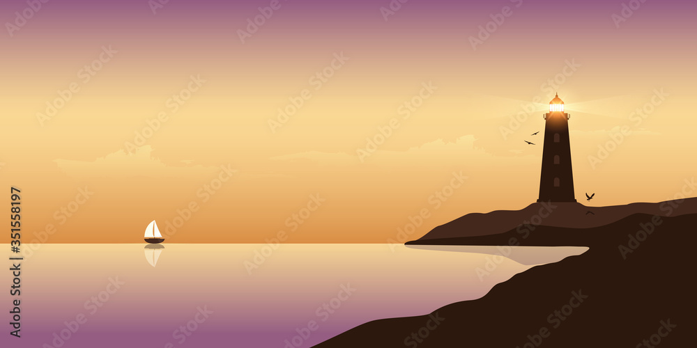 sailboat and lighthouse by the ocean at sunset beautiful seascape vector illustration EPS10