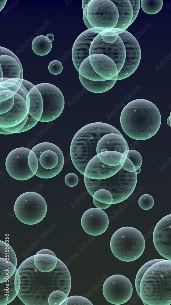Dark background green mesh bubbles. Wallpaper, texture with bubble. 3D illustration Dark background green mesh bubbles. Wallpaper, texture with bubble. 3D illustration