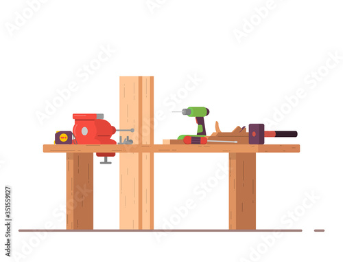 Carpenters woodwork working place. Wooden workbench with planks, hammer and screwdriver, measuring tape. Table for carpentry with vise. Workshop with equipment.