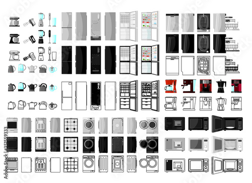 Huge big large kitchen set of home, household, domestic, appliances, equipment, electronics, white goods. Vector realistic flat illustration of fridge, microwave, coffemaker, stove, mixer, blender etc