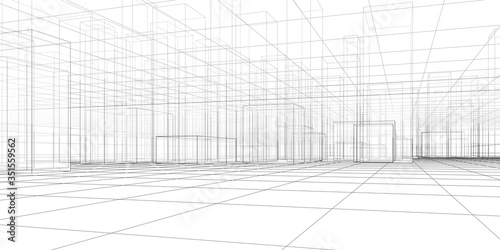 Abstract architectural background. Linear 3D illustration. Graphic concept