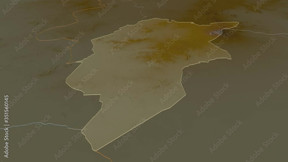 Central Darfur, state with its capital, zoomed and extruded on the relief map of Sudan in the conformal Stereographic projection. Animation 3D Central Darfur, state with its capital, zoomed and extruded on the relief map of Sudan in the conformal Stereographic projection. Animation 3D