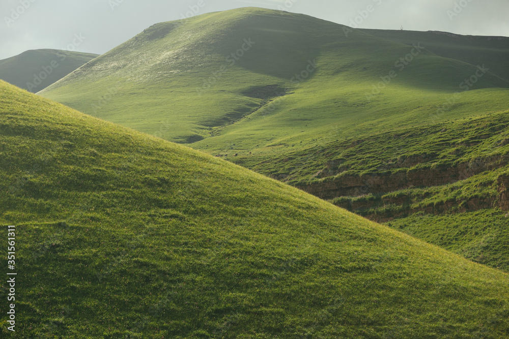 Caucasus green hills near Elbrus national park, beautiful summer sunny green landscape, Russia