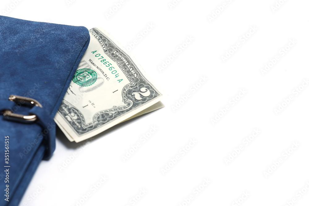 2 dollar banknote in a blue wallet isolated on a white background. Financial crisis. Lack of money. Digital banking. Decentralized money. Digital money. 2 dollar banknote in a blue wallet isolated on a white background. Financial crisis. Lack of money. Digital banking. Decentralized money. Digital money.