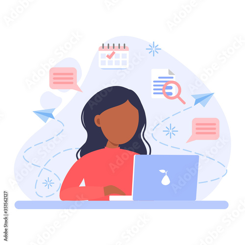 Woman is working at her laptop and the ikons on the background.  Freelancer at home in quarantine. Vector flat style illustration isolated on white background. photo