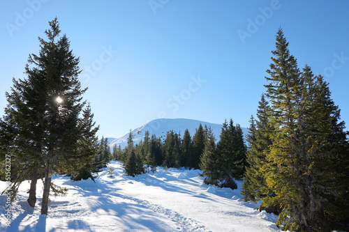 Scenic winter landscape in the Transylvanian Alps, Romania, Europe