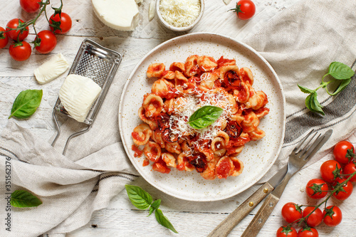 South italian  pasta orecchiette with tomato sauce and cacioricotta cheese photo