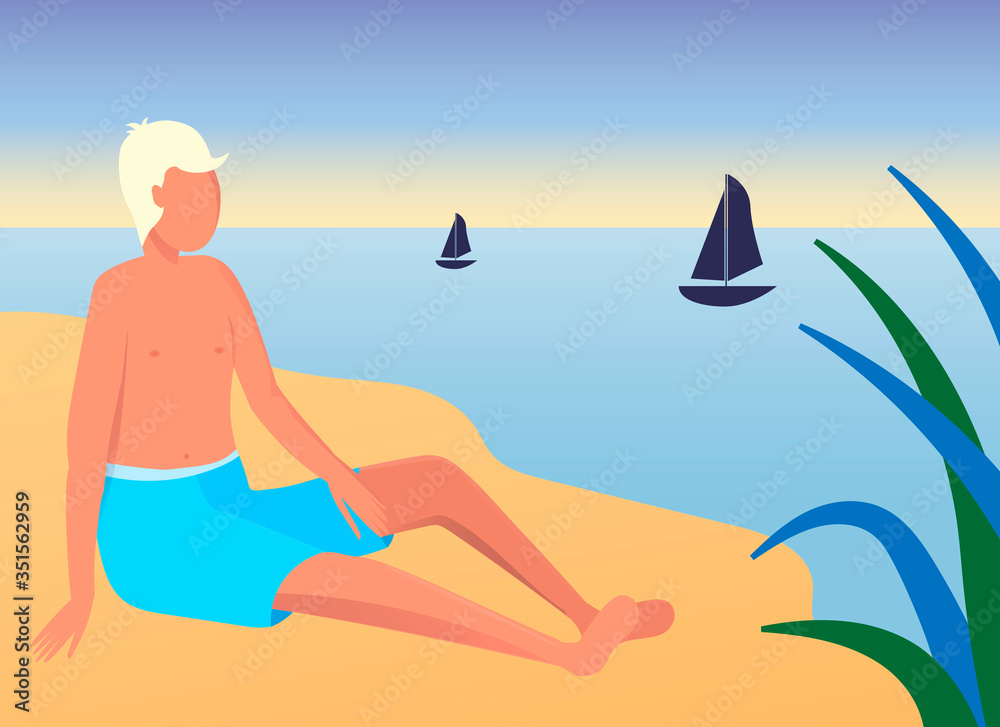 A young man sits on the shore of a wild beach. The boy sunbathes on the beach. Seascape. Summer on the island. Flat cartoon illustration.
