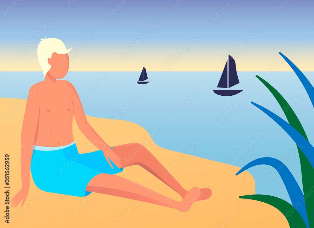 A young man sits on the shore of a wild beach. The boy sunbathes on the beach. Seascape. Summer on the island. Flat cartoon illustration. A young man sits on the shore of a wild beach. The boy sunbathes on the beach. Seascape. Summer on the island. Flat cartoon illustration.