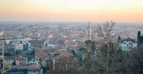 Bergamo The ancient gate of Bergamo. Top view of the city 