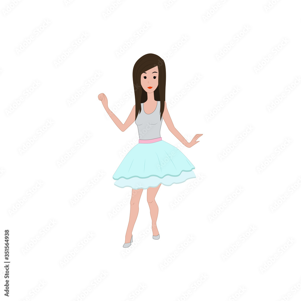 Girl dancing in a lush turquoise skirt and gray top isolvon object on a white background. Vector illustration in cartoon style. Girl dancing in a lush turquoise skirt and gray top isolvon object on a white background. Vector illustration in cartoon style.
