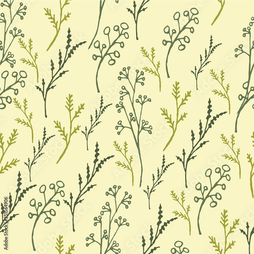 Floral pattern of flowers buds and twigs in pastel yellow and green. Delicate spring print. Vector seamless pattern in doodle style. Elegant floral ornament.