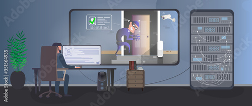Security room. A guard watches the burglar in the security room. Identification of a thief. Thief trying to break into the house. Safety concept. Vector.