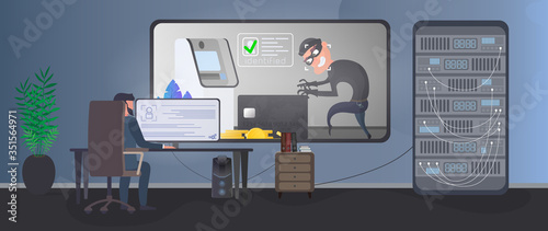 A security guard is watching a burglar in a security room. Identification of a thief. A thief steals a bank card near an ATM. Safety concept. Vector.