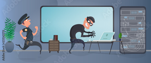 A policeman catches a robber. The thief stole a laptop. Burglar in the office. Laptop, server, office, office, security room. The concept of data theft, protecting premises from hacking. Cartoon style