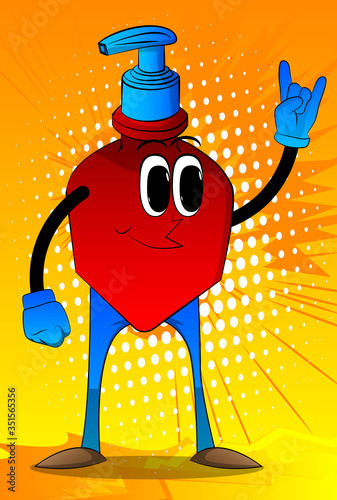 Cartoon Bottle of hand sanitizer gel with face with hands in rocker pose. Expressions vector.