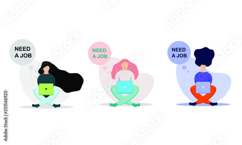 Concept need a job, vector. Girl is looking for work in a laptop, vector illustration in flat style. Unemployment, lost job from Coronavirus crisis COVID-19 outbreak.