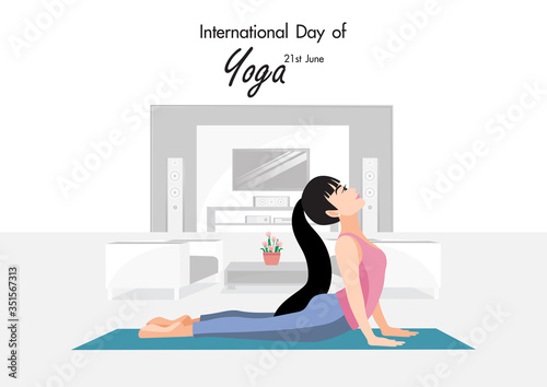 Cartoon character with 21 june international yoga day with female practicing yoga flat icon design vector illustration