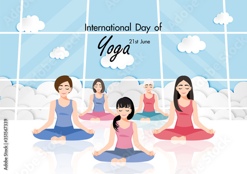 Cartoon character with 21 june international yoga day with female practicing yoga flat icon design vector illustration
