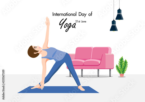 Cartoon character with 21 june international yoga day with female practicing yoga flat icon design vector illustration
