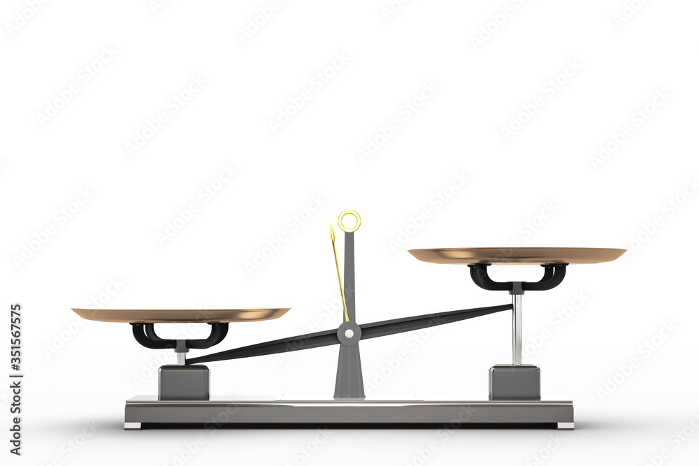 Weight-lifting scale with an imbalance on a white background. Side view. With copyspace. 3d rendering - obrazy, fototapety, plakaty 