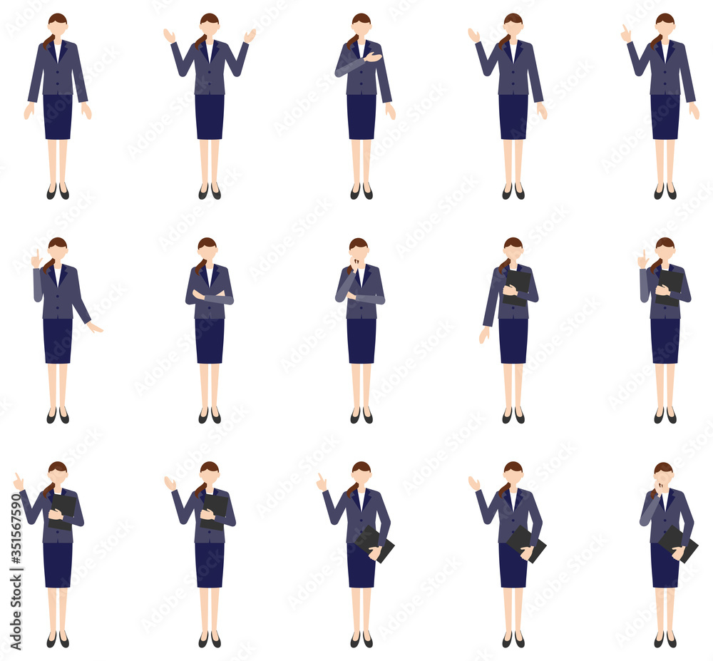 Vector image set of business women in office uniform with mask