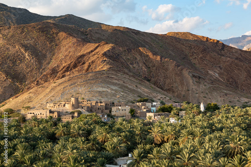View at ruins of abandoned Birkat al Mawz, Oman, in front of mountain, date palms in front