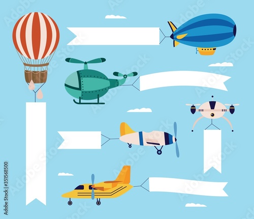 Airplane and plane, a helicopter and a quadcopter, airship and balloon fly with empty banner.