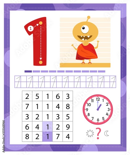 Learning Number 1 with funny monster. Coloring printable worksheet for kindergarten and preschool. One. Handwriting practice. Coloring book. 