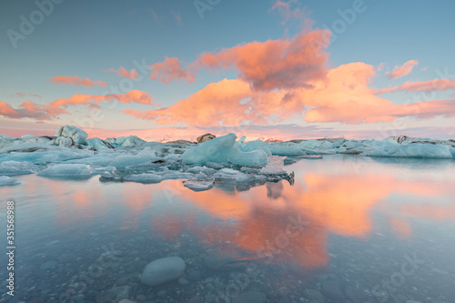 Beautiful sunrise at Jokulsarlon glacier lagoon  Iceland