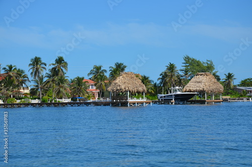 View from boat tropical beach resort in Ambergris Caye Belize