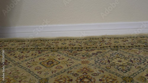 One year old Baby taking first steps on rug slow motion, Locked low angle shot photo