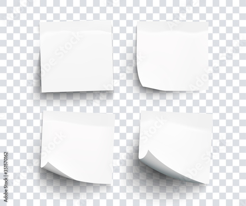Realistic set sticky note white colors isolated on transparent background. Mockup blank white sticky notes with shadow for your design. Vector illustration EPS10