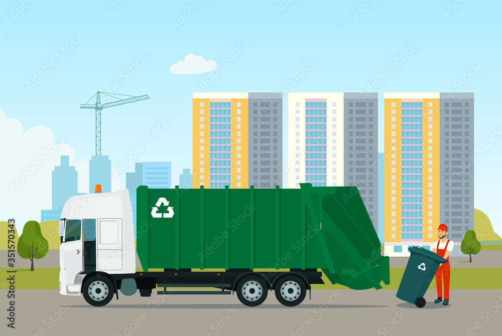 Fotografie The driver loads a garbage container into the garbage truck