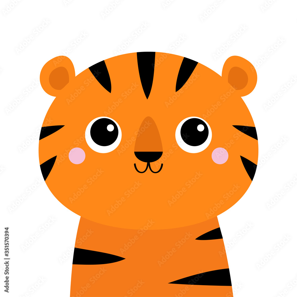 Tiger. Cute cartoon kawaii funny character. Big eyes. Baby animal  collection. Childish print for nursery, kids apparel, poster, postcard. Jungle  cat. Flat design. White background. Isolated. Stock Vector | Adobe Stock