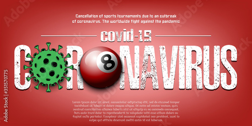 Banner Coronavirus covid-19 and virus cell sign with billiard ball. Cancellation of sports tournaments due to an outbreak of coronavirus. The worldwide fight against the pandemic. Vector illustration photo