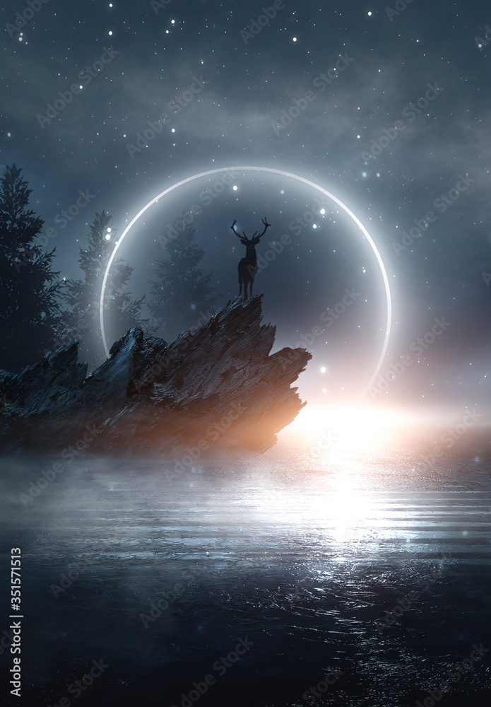 Fototapeta Futuristic night landscape with abstract landscape and island, moonlight, shine. Dark natural scene with reflection of light in the water, neon blue light. Dark neon circle background.